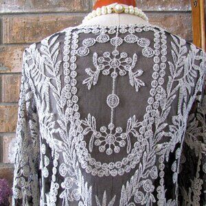 LACE JACKET, M, LONG BLACK & CREAM ELEGANT EVENING WRAP, SEMI-SHEER FANCY DESIGN